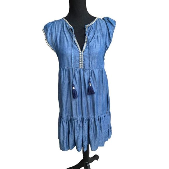 Tommy Bahama Women's Blue Boho Embroidered Tassel Tiered Tencel Dress Size Small - Picture 5 of 15